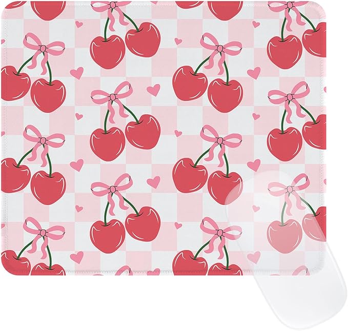 Cute Mouse Pad Red Cherries Pink Bow Heart Plaid Mousepad, Waterproof Mouse Mat Design Cloth, Non-Slip Rubber Base Computer Funny Mouse Pads, Small Mouse Pad Desk Accessories
