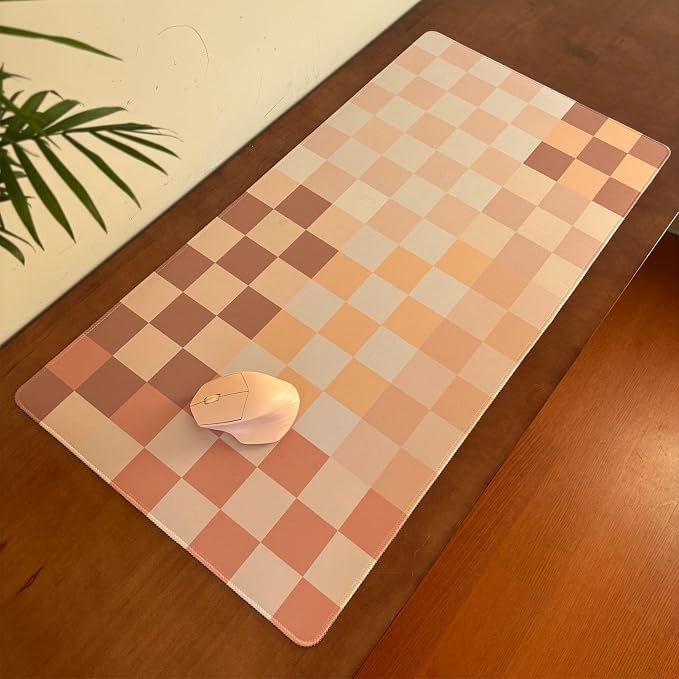 Checkered Boho Desk Mat Beige Pink Mouse Pad XXL Pastel Retro Large Mouse Pad with Stitched Edges, Keyboard Pad Mouse Mat for Computer Aesthetic Office Decor Desk Matt for Desktop 31.5 X 15.7In