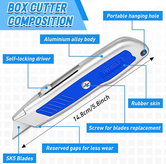 DIYSELF 2 Pack Box Cutter- Sharp Utility Knife- Box Cutters Heavy Duty for Carpet, Cardboard, Paper- Razor Knife- Box Opener- Cardboard Cutter- Exacto Knife- Retractable Knife (Blue)
