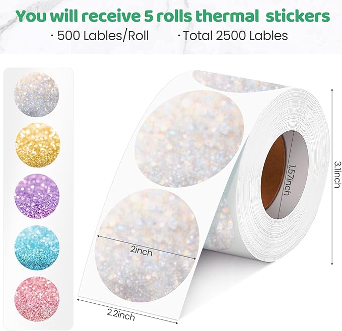 2500 Pcs 2 Inch Circle Thermal Sticker Labels Self Adhesive Round Direct Thermal Labels Multipurpose Printer Stickers for DIY Logo Design, Qr Code, Name Tag