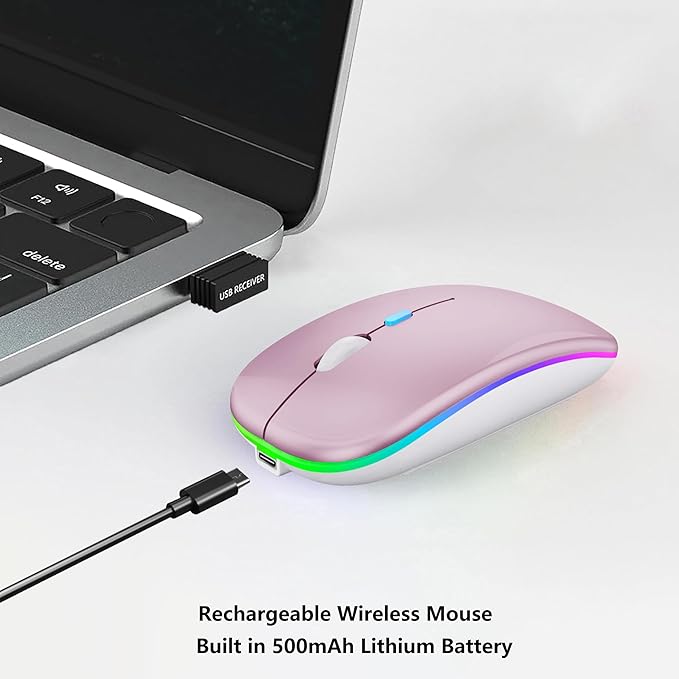 Wireless Bluetooth Mouse Rechargeable Laptop Mice with LED Lights Silent Slim Use(BT5.2 and 2.4G Portable USB Receiver) Dual Mode Computer Mouse for Laptop/iPad/Tablet/Apple/Computer/Mac(Pink)
