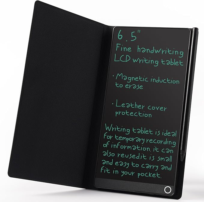 LCD Writing Tablet for Adult: 6.5 Inch Full Screen Mini Digital Notepad Reusable Small Writing Pad with Hall Switch and Leather Case Portable Use for Office Study Teaching