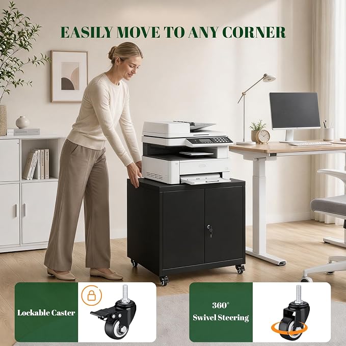 23.6"H Locking Printer Cabinet with Storage & Adjustable Shelf | Large Metal Rolling Printer Stand, Steel Printer Cart for Home Office, Workspace Organization & Office Supplies, White