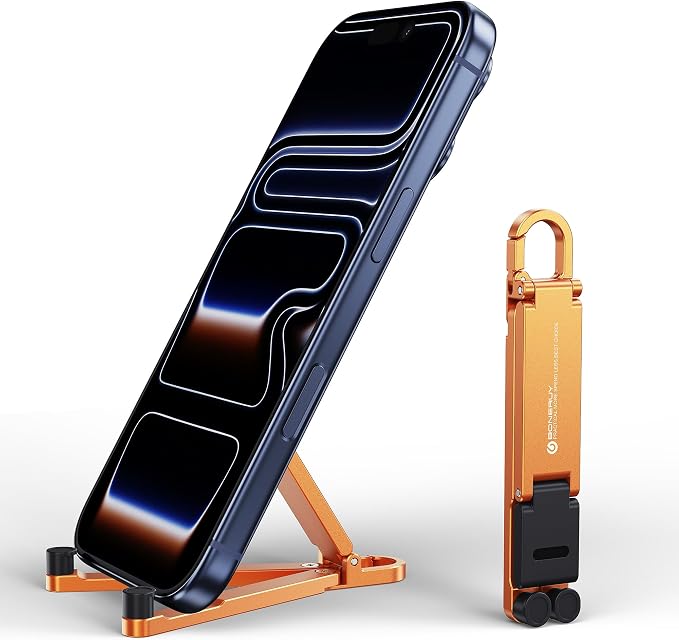 Portable Foldable Pocket Phone Stand with Keychain for Desk Travel（Orange） | Mini aluminum, adjustable kickstand, lightweight metal, slim compact for office, plane