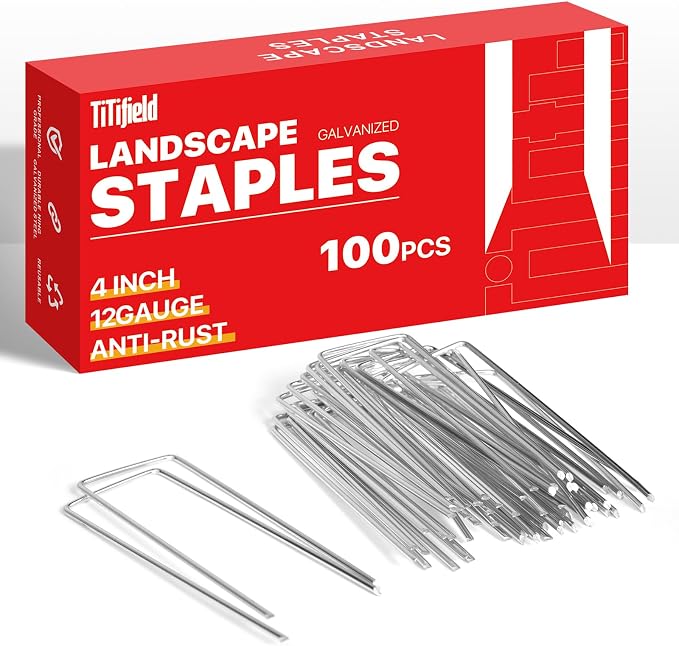 4 Inch Landscape Staples Galvanized Garden Stakes 100 Pack | Sharp Ends Durable Anti-Rust Landscape Pins for Securing Weed Barrier Fabric, Artificial Turf, Landscaping and Ground Cover