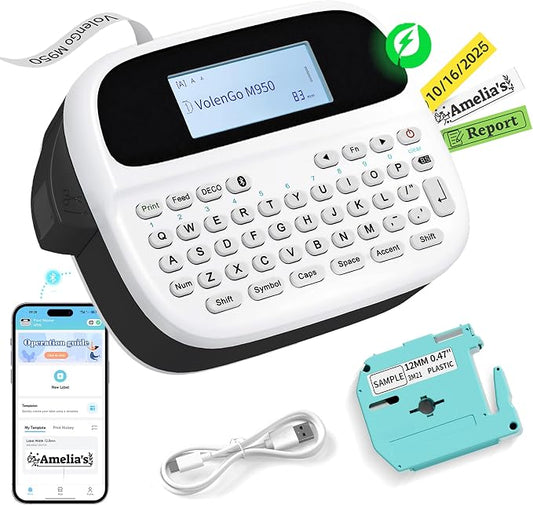 Label Maker Machine with Tape, Rechargeable Label Maker Waterproof Labels | Backlit Bluetooth Labeler, VolenGo M950 12mm Portable Label Printer, Home Office School Use, Removable Freezer Labels for Jar