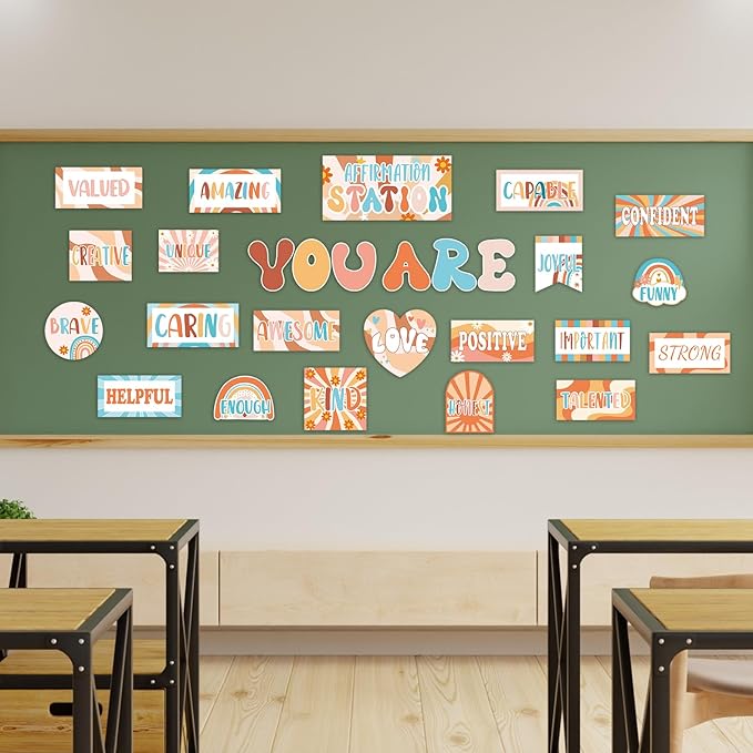 Groovy Affirmation Station Bulletin Board Set Classroom Decorations Boho Retro Hippie Motivational Posters Groovy You Are Positive Affirmation Cutout Hippie Inspirational Bulletin for Class Wall Decor