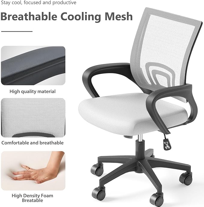 Home Office Chair, Ergonomic Mid-Back Mesh Desk Chair with Lumbar Support, Adjustable Swivel Rolling Design, Comfy Armrest for Work, Study, Gaming, Vanity (White, Single Chair)