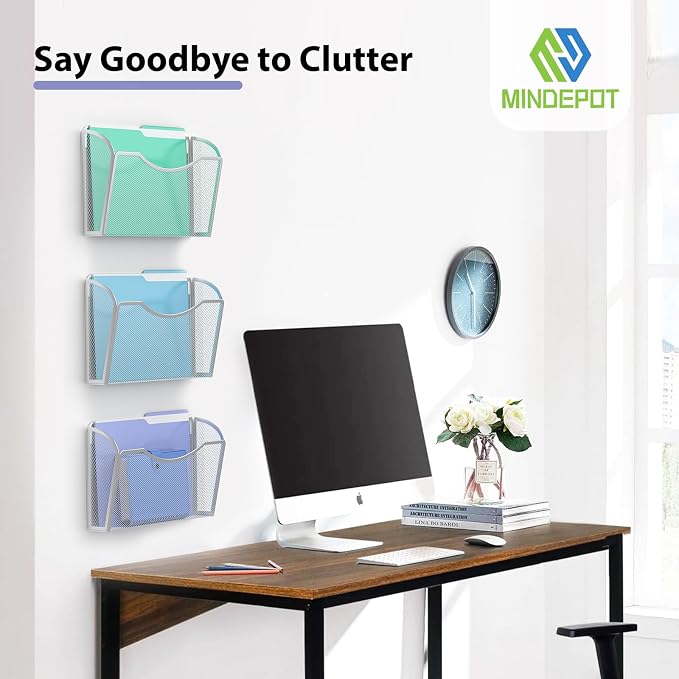 MINDEPOT Wall File Organizer, Hanging Wall File Holder, 1 Pack, Silver | Heavy Duty Iron, Metal Mesh Wall Mount, Single Pocket, Mail Organizer, for Office School Classroom Home, Letter A4 Size