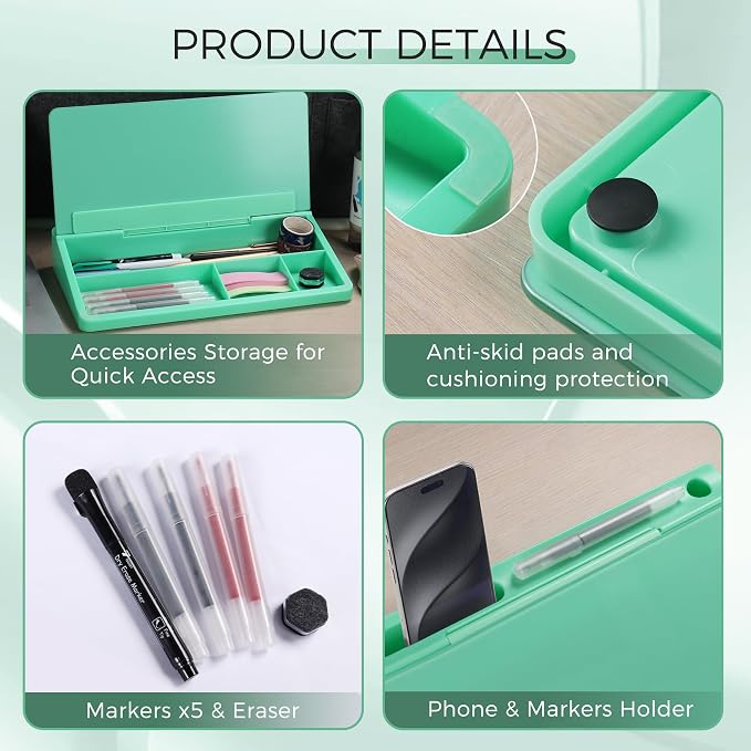 TOWON Compact Glass Desktop Whiteboard with Storage 12x7 in, Mint Green | Aesthetic dry erase surface, 5 markers, eraser and holder included, for the office, home or school desk