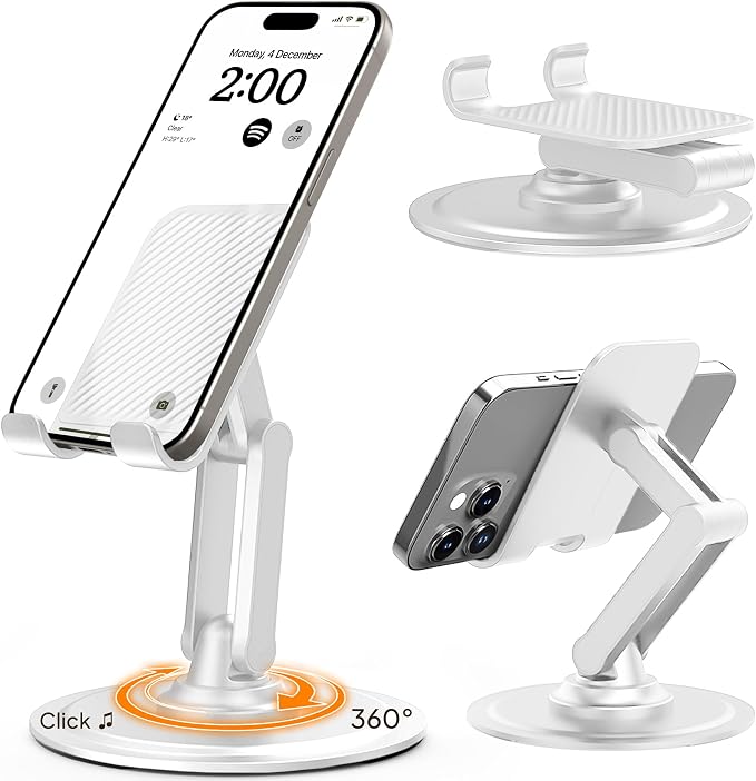 COOPER 360° Stand Rotating Cell Phone Stand for Desk, Desktop Phone Holder | 360° Click Rotating, Adjustable, Foldable, Portable, Metal Base, Cell Phone Holder for Desk; Fits all Samsung, Android Phones