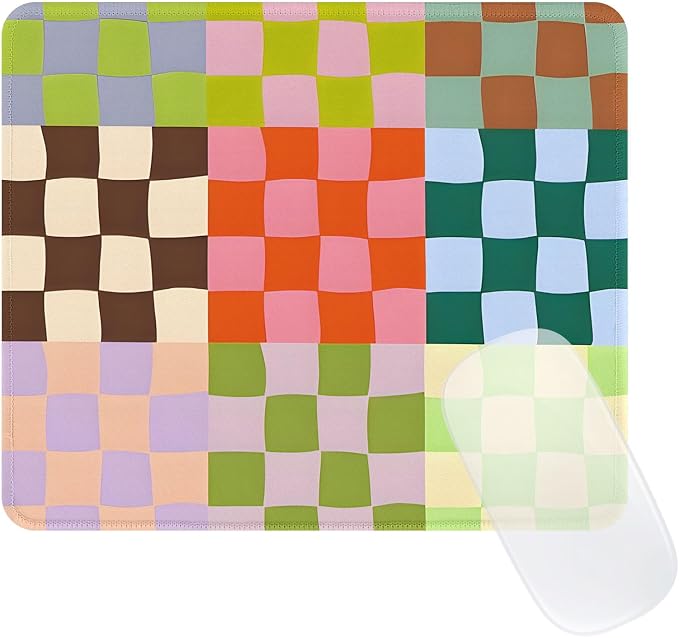 Cute Colorful Mouse Pad,Retro Checkered Pattern Mousepad,Square Aesthetic Waterproof Mouse Mat Design, Non-Slip Rubber Base Funny Boho Small Mouse Pads, Desk Accessories,Purple Blue Green