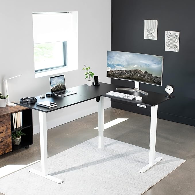 VIVO Corner Standing Desk, 63 x 55 inch Reversible L-Shaped Workstation, Electric Height Adjustment, Home, Office, and Reception Rooms, Black Table Top White Frame, DESK-E3CTWB
