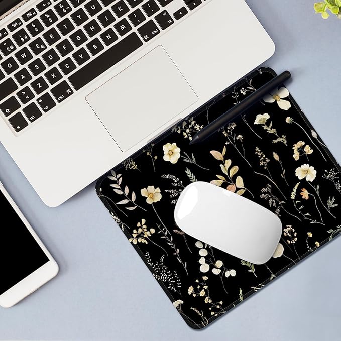 Mouse Pad with Stitched Edges - Dark Floral Mousepad Set for Women, 9.25 x 7.75 inch Washable Desk Pad, Non-Slip Rubber Base, Office Home Laptop Accessories - Midnight Botanical-2 Pack