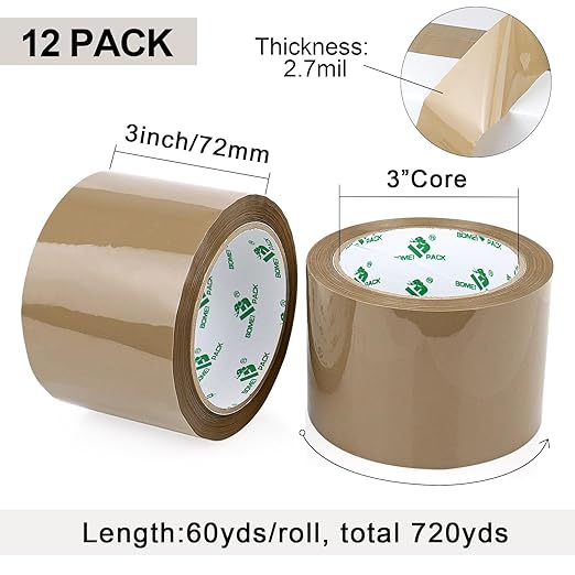 BOMEI PACK Brown Packing Tape 3 inch Wide, 12Rolls Heavy Duty Brown Packing Tape Refills Rolls for Moving Boxes, Shipping and Storage, 2.7 Mil x 60 Yards