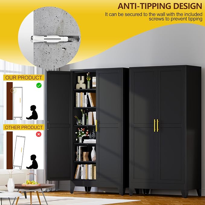 PAOFIN Metal 79“ Kitchen Pantry Cabinet, Pantry Storage Cabinet with Doors and 5 Adjustable Shelves, Freestanding Cupboard Kitchen Cabinet,Tall Cabinet for Living room,Pantry, Bathroom,Kitchen (Black)