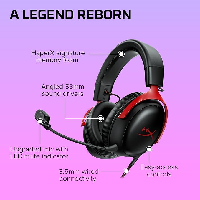 HyperX Cloud III – Wired Gaming Headset,PC,PS5,Xbox Series X|S,Angled 53mm Drivers,DTS Spatial Audio,Memory Foam,Durable Frame,Ultra-Clear 10mm Mic,USB-C,USB-A,3.5mm – Black/Red,(Pack of 10)