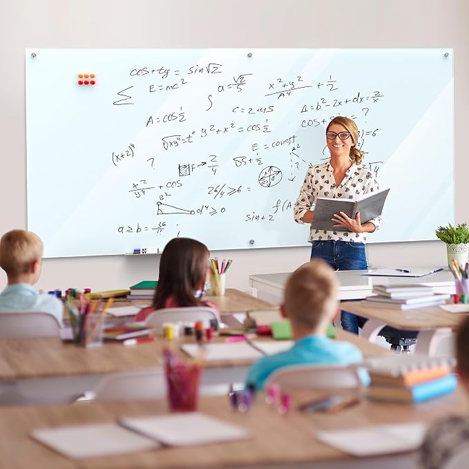 MaxGear 96" x 48" Glass Whiteboard Wall Mounted for Office Home Classroom | Magnetic Glass Dry Erase Board, Tempered Glass, Steel Backed, Non-Porous Surface, Frameless Design, Hardware Included
