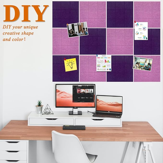 Large Square Felt Cork Board Tiles, Self Adhesive DIY Felt Bulletin Board with 35 Pushpins for Office School Home Wall Decor Stickers Memos (Purple & Light Purple)