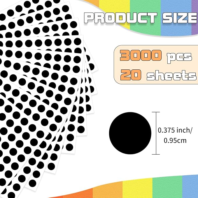 Starboling Dot Stickers - 3/8 Inch Black Circle Labels, 3000pcs Self-Adhesive Color Coding Round Stickers for Office, Classroom, Garage Sale