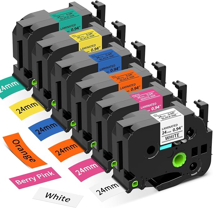 24mm TZe TZ Tape Replacement for Brother P Touch Label Maker Tape Colored | 1 Inch 0.94 Laminated Refills Compatible with PT-D600 D610BT P700 P710BT, White/Berry Pink/Orange/Blue/Yellow/Green, 6-Pack