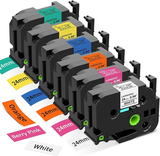 24mm TZe TZ Tape Replacement for Brother P Touch Label Maker Tape Colored | 1 Inch 0.94 Laminated Refills Compatible with PT-D600 D610BT P700 P710BT, White/Berry Pink/Orange/Blue/Yellow/Green, 6-Pack