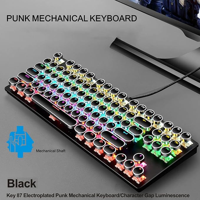 Mechanical Gaming Keyboard,87 Key Retro Punk Typewriter-Style,Blue Switch Rainbow Backlit Keyboard,Anti-Ghosting, USB Wired, for PC Laptop Desktop Computer, for Game and Office (Black)