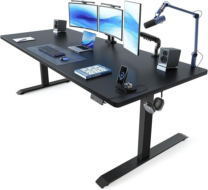 FEZIBO Standing Desk 71 × 37 Inch Electric Height Adjustable, Black | 1" Thick Large Adjustable Desk with Integrated Dual-Beam, Cable Management, Computer Desk for Home Office Workstation