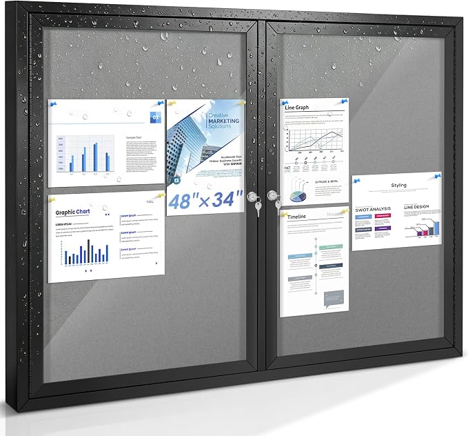 SWANCROWN 48x34 in Outdoor Bulletin Board Pin Notice Board, Black Frame | Enclosed, Shatterproof, Weatherproof, Grey Felt, Black Aluminum Frame, Display Board for Office School Business Community