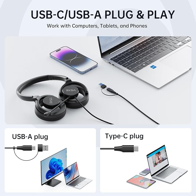 EKSA H27 USB Computer Headset with Microphone for Work, PC Headset with Noise Cancelling Mic, Wired Over-Ear Headphones with in-Line Controls, USB Headset for PC/Computer/Laptop/Call Center/Office