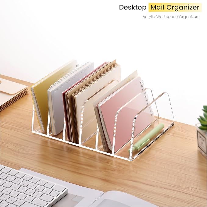 YUXUN Desk File Organizer,6-Section Acrylic Desk Organizer,Vertical File Sorter Holder Organization for Office School & Classroom (Clear - 1Pack)