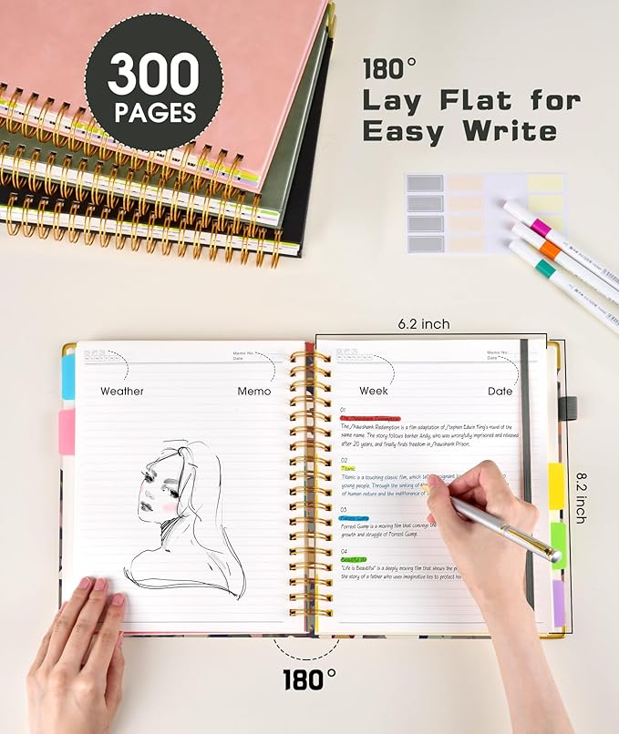 Hardcover Spiral Notebook journal with Removable Dividers Tabs, 300 Pages 5 Subject Notebook College Ruled, 100GMS Notebooks for Work School Note taking,Lined Journal for Women,A5-Flower
