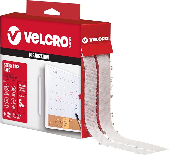VELCRO Brand - Sticky Back Hook and Loop Fasteners – Peel and Stick Permanent Adhesive Tape Keeps Classrooms, Home, and Offices Organized – Cut-to-Length Roll | 30 ft x 3/4 in Tape | White
