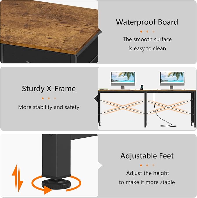 95" 2 Person Desk with 8 Fabric Drawers for Home Office, Living Room | Long Computer Desk Office Desks with Storage, Two Person Double Desks with Power Outlets, Rustic Brown
