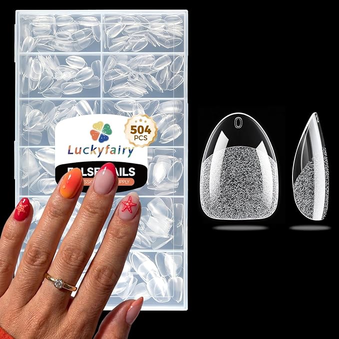 Extra Short Almond Fake Nails, 504pcs Soft Gel Pre-Shaped Acrylic Nail Tips, Half Matte Full Cover Clear Gelly Press on Flase Nail Tips for Extension Nail Manicure Home DIY 12 Sizes