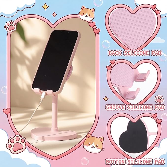 Kathfly 2 Pack Cute Phone Stand, Adjustable Heart Phone Stand for Desk, Kawaii Holder Desk Accessories Heart Gifts Favor for Girl Women