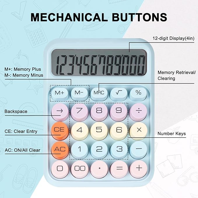Mechanical Switch Calculator with Big Buttons, Calculators Desktop, 12 Digits, Large LCD Display, Desk Calculator, Cute Pink Calculators for Teachers Students Basic Office (Blue)