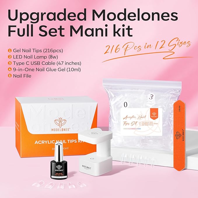 modelones X Nail Gel Kit Kit Short Square, 9-in-One Nail Glue with Portable U V Lamp 216Pcs 12Sizes Pre-Etched Press ons Fake Acrylic Extension Kit DIY Salon Gift for Women