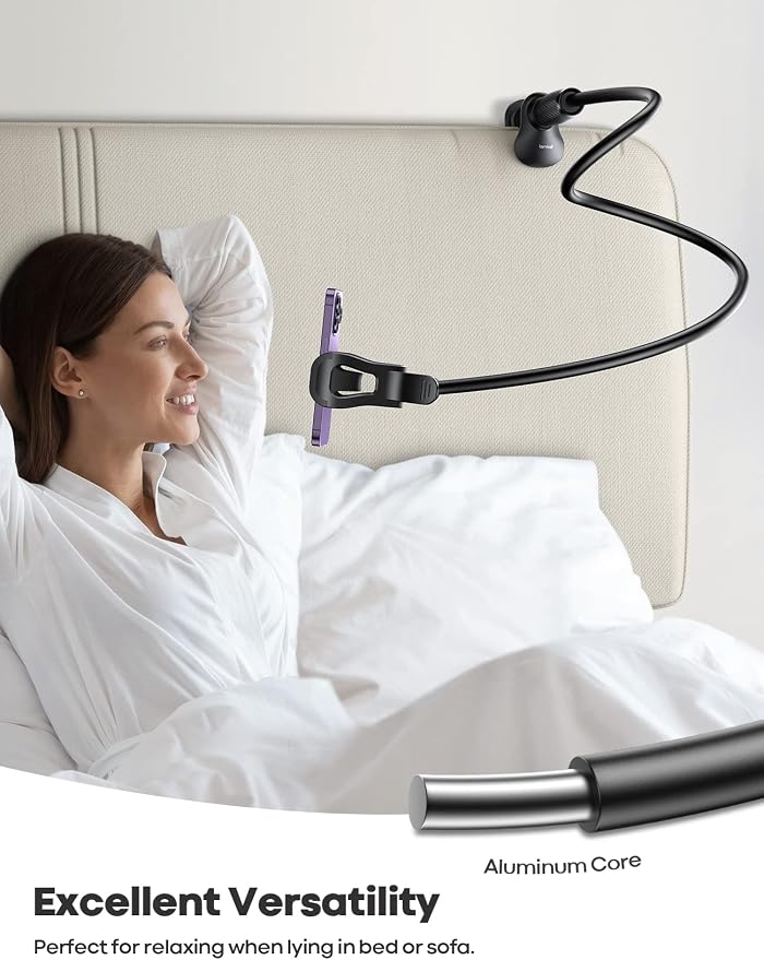 Lamicall Gooseneck Phone Holder for Bed, Stable Flexible Arm Stand for Desk | Upgraded Al-Mg Alloy Core, Secure Clamp Base, 33.4" Long Arm, Hands-Free Viewing, Bedside & Desk Use, Fits 4-7" Phones, Black