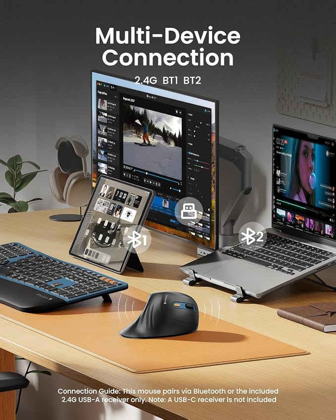 ProtoArc EM11 NL Wireless Ergonomic Mouse, Rechargeable Vertical Mouse | 58° vertical design supports a natural wrist posture, connect 3 devices via Bluetooth/2.4G USB-A, 500mAh USB-C rechargeable.