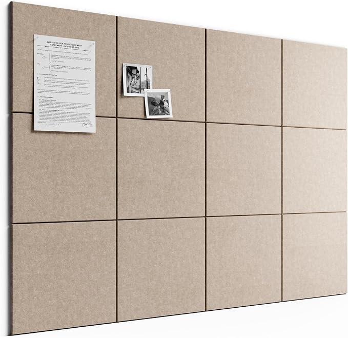 Bumusty 48" x 36" Large Cork Board Alternative, Taupe | 12-Pack Felt Bulletin Board Tiles, 60 Adhesive Tabs, 30 Pushpins, Home, Office, Classroom, Vision Board