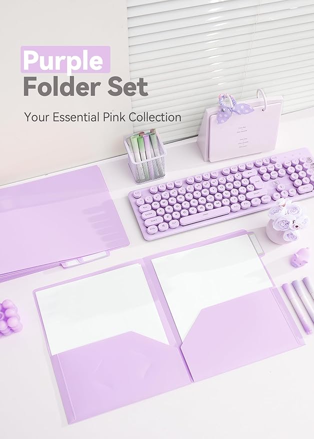 Plastic Folders with Pockets, 6 Pack Purple Folders for School, Unique 1/3 Cut Tabs with Colorful Labels, Letter Size