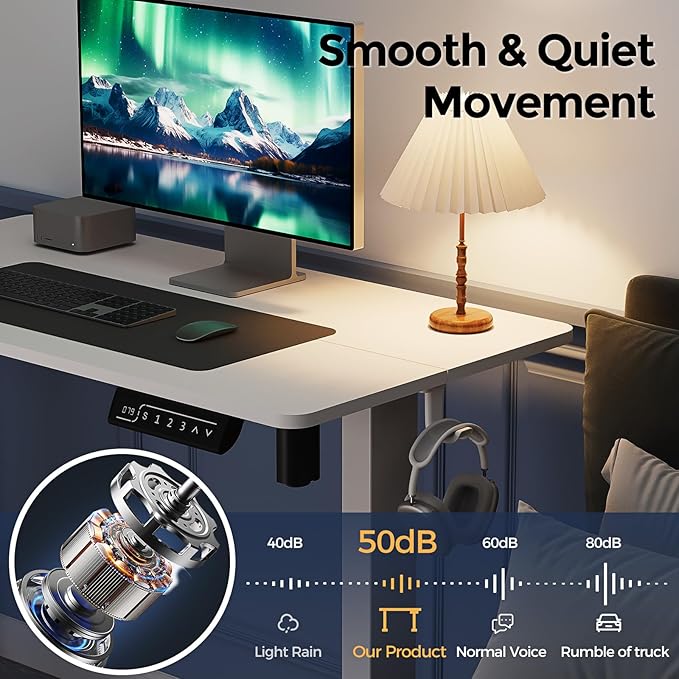 Small Standing Desk, 35" ×20" Electric White Standing Desk, Height Adjustable Compact Sit Stand Workstation with Splice Board, Home Office Desk with 2 Hooks