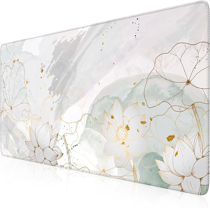 iCasso Desk Cover Mat, Extra Large Lotus Mouse Pad, Green Lotus Leaf | Desk Pad Mat, Office Matt for Desktop Protector, Anti-Slip XXL Big Mousepad with Stitched Edges for Laptop Computer Keyboard
