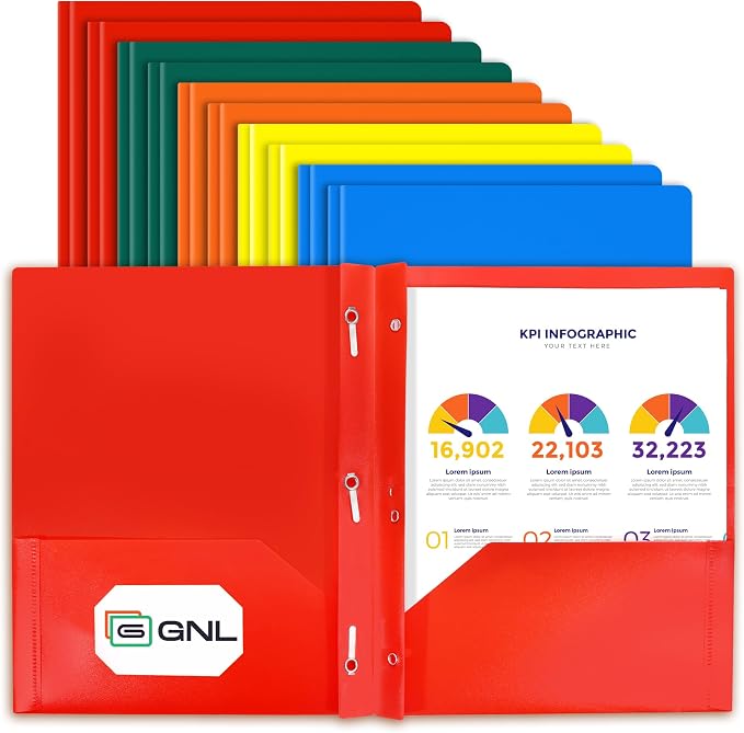 GNL Plastic Folders with Pockets and Prong, Pack of 10, Colored Heavy Duty 2 Pocket File Folders Letter Size, Folders with Prongs for School, Home, and Office