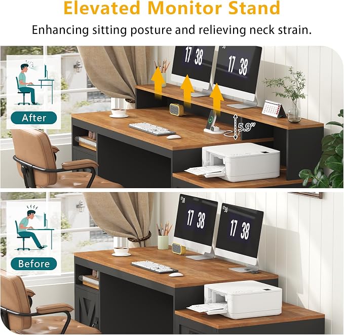 65" Farmhouse Computer Desk with Drawers and Printer Stand for Home Office | Office Desk with Power Outlets and Storage Cabinet, Study Writing Desks with Long Monitor Stand, Brown and Black