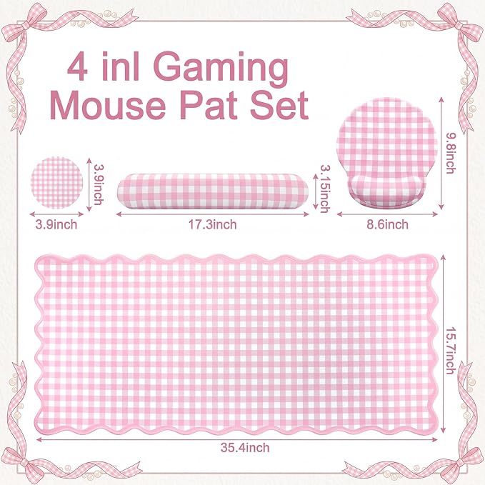 Pink Gingham Desk Mat Set with Wrist Rest, Ergonomic Design, Scalloped Edge Keyboard Mouse Pad Set Large 35.4x15.7 Inch, Memory Foam Wrist Support, Non-Slip Desk Pad Home Office Decor