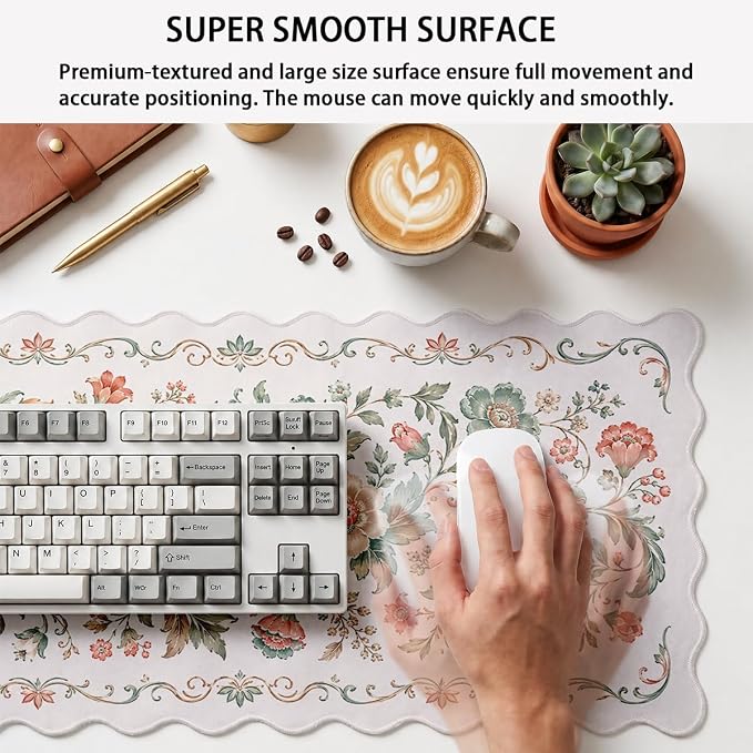 Vintage Floral Scalloped Desk Mat Sage Peach Botanical Scroll Flower Mousepad XL Large Gaming Mouse Pad Laptop Keyboard Mat Desk Pad Office Home Decor for Women Girl 31.5"x15.7"