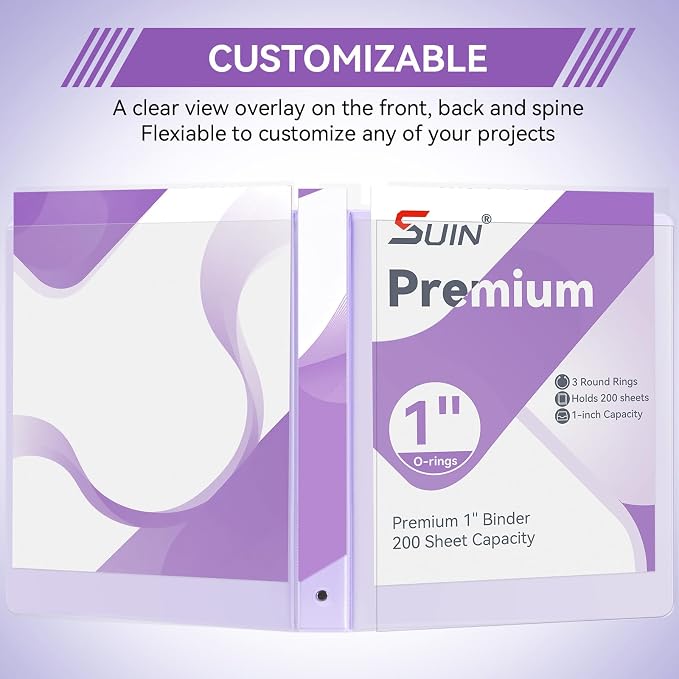 SUIN 1 Inch 3 Ring Binder, Clear 1'' View Presentation Binders with 2 Pockets, Fits 8.5 x 11 Letter Size, Durable Polypropylene, Non-Stick & PVC-Free for School, Office & Home (Pastel Purple)
