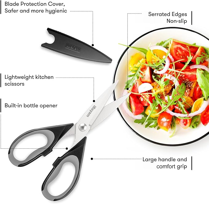 iBayam 8.5" Kitchen Scissors with Sheath, Black Cooking Scissors | All Purpose Shears, Kitchen Gadgets Utensils Set for Home, Seafood Tools